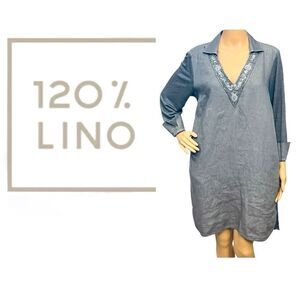 120% Lino Gray 100% Linen Dress Beaded/Collared/Neckline Shift Back/Pleat Sz L